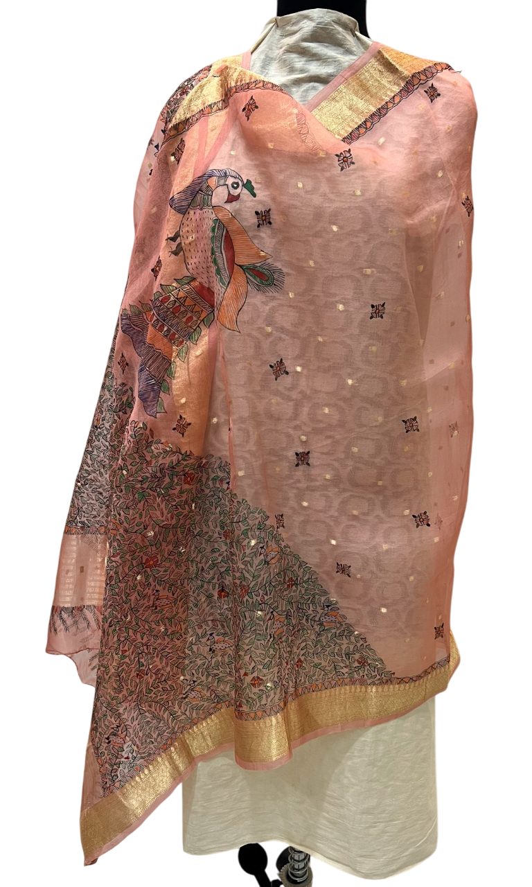Hand-Painted Pink Organza Dupatta with weaved Zari Border